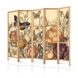 Japanischer Paravent - Tulips in Cream - Illustration of Flowers and Butterflies on a Light Background