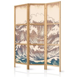 Japanischer Paravent - Turbulent Ocean - High Waves in Brown and Navy on a Beige Background in Vintage Style