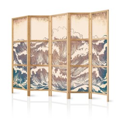 Japanischer Paravent - Turbulent Ocean - High Waves in Brown And Navy Colors on a Beige Background in Vintage Style