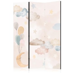 Paravent - Fairy-Tale Moon - Moon with Balloons Among Clouds and Stars in Subdued Colors on a Light Beige Background