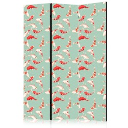 Paravent - Fish and Japanese Pattern - Koi Fish in Orange-Cream Colors on a Green-Mint Background with an Oriental Patte