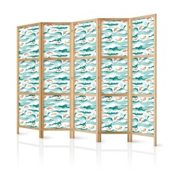 Japanischer Paravent - Fish Jumping Over Waves - Oriental Fish and Water Lilies Among High Waves in Shades of Sea Green