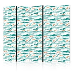 Paravent - Fish Jumping Above The Waves - Oriental Fish And Water Lilies Among High Waves in Shades of Sea Green