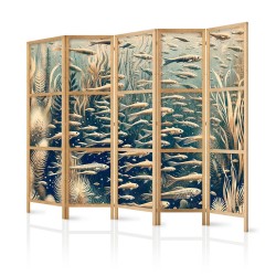 Japanischer Paravent - Life in The Ocean - Underwater World of Fish And Vegetation in Beige And Navy Colors in Retro Sty