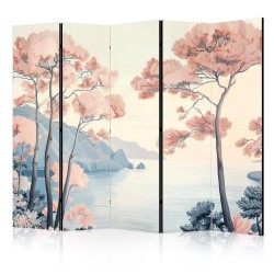 Paravent - Landscape with the Ocean - Cliffs - and Trees in Delicate Pink Shades