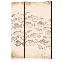 Paravent - Sketch of a Fish School - Sketches of Various Fish Species Swimming in a School on a Beige Background in Vint