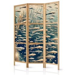 Japanischer Paravent - Life in the Ocean - Underwater World of Fish and Vegetation in Beige and Navy Retro Style