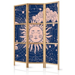 Japanischer Paravent - Cosmic Harmony - Illustration of the Sun and Moon on a Navy Background